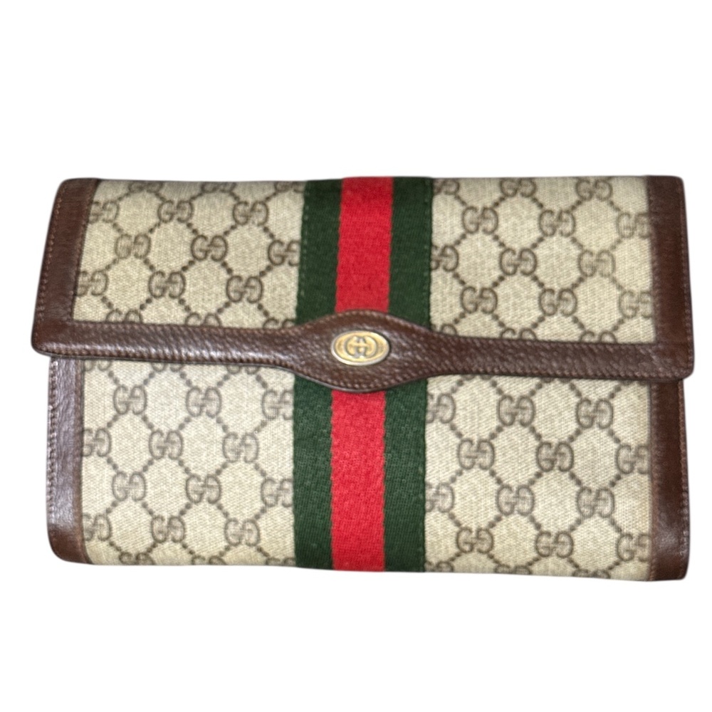 Authentic Gucci Vintage beige/brown GG Sherry Line green & red web Clutch bag - Picture 2 of 8